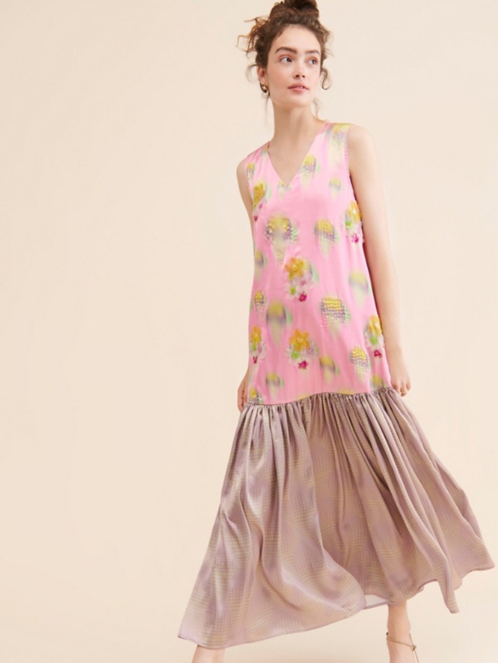 NWOT Siddhartha Bansal Anthropologie Flounce Beaded Maxi Dress Pink Iridescent S